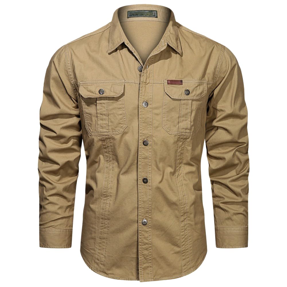 Chemise de Safari à Manches Longues en Coton pour Homme, Protection UV, Respirante, Boutonnée, pour Randonnée, Pêche, Trekking, Hilking, Chasse, Travail