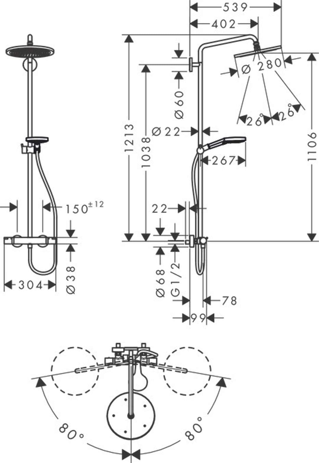 hansgrohe System prysznicowy Croma Select S Showerpipe 280 deszczownica (słuchawka prysznicowa, drążek prysznicowy, termostat, wąż, 3 rodzaje strumienia) szczotkowany brąz