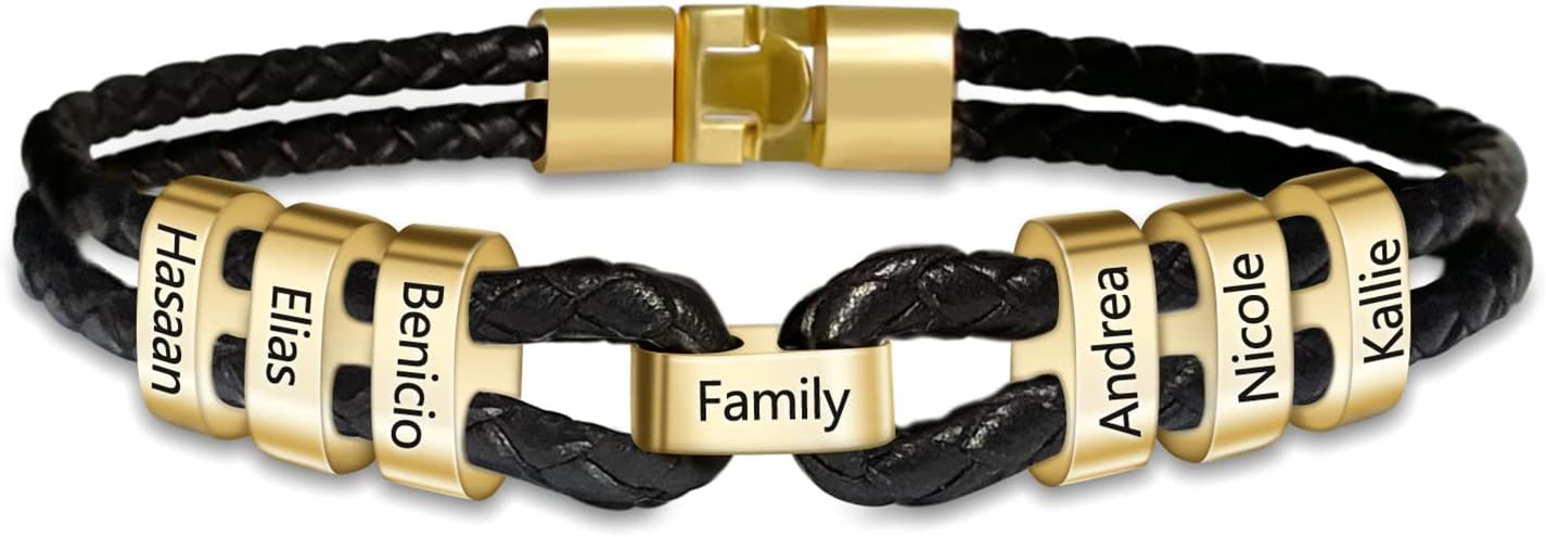 Personalized Mens Bracelet with 2-9 Names Custom Leather Bracelet for Men Customized Mens Bracelets with Name Engraved Fathers Day Bracelet for Dad