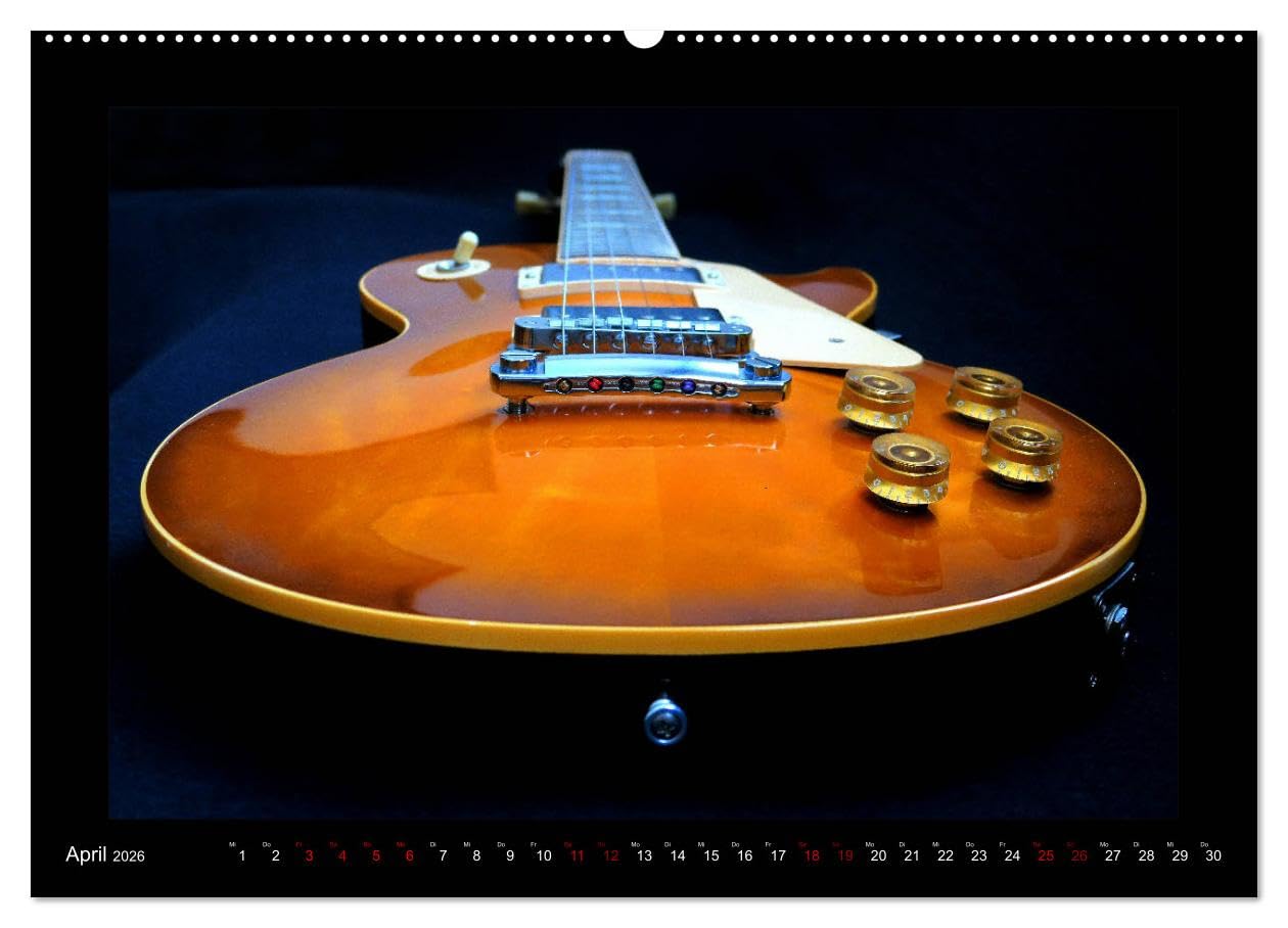 Rockgitarren im Blitzlicht (hochwertiger Premium Wandkalender 2026 DIN A2 quer), Kunstdruck in Hochglanz: Gitarrenschönheiten auf schwarzem Hintergrund eindrucksvoll in Szene gesetzt (CALVENDO Kunst)
