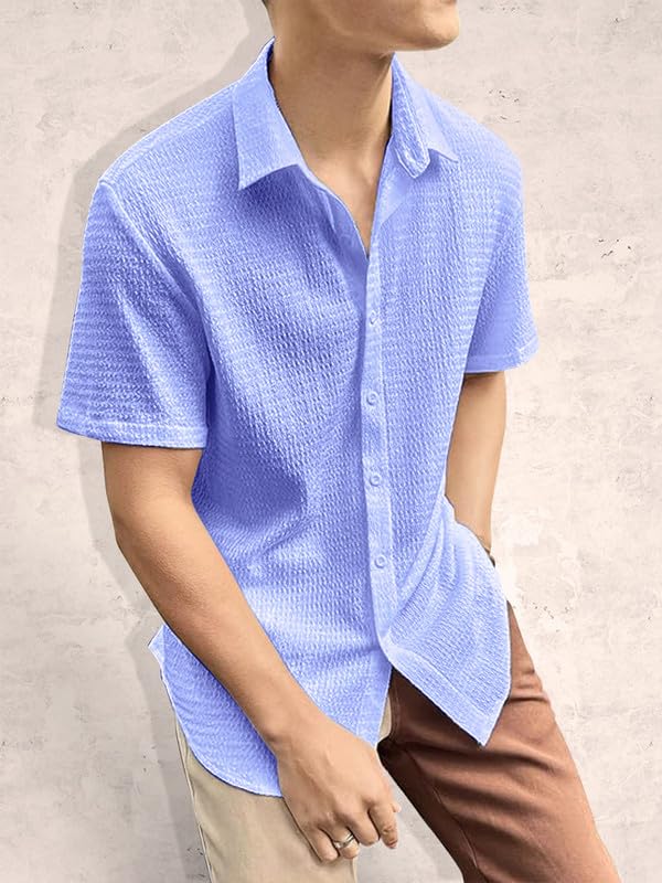 Image of Pinkmint Popcorn Shirt for Men Soild Slim Fit Sleeve Spread Collar Trendy Men Shirt Summer Wear Goa Wear Olive