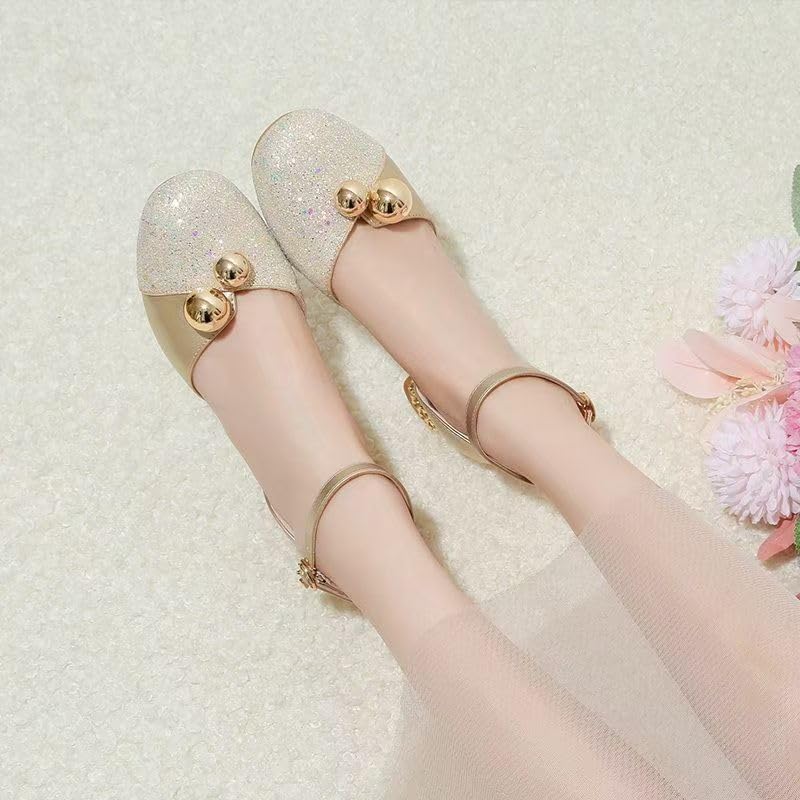 HROYL Girls Party Low Heel Princess Shoes Crystal Pearls Dance Shoes Closed Toe Ballet Flats, Model DS18683