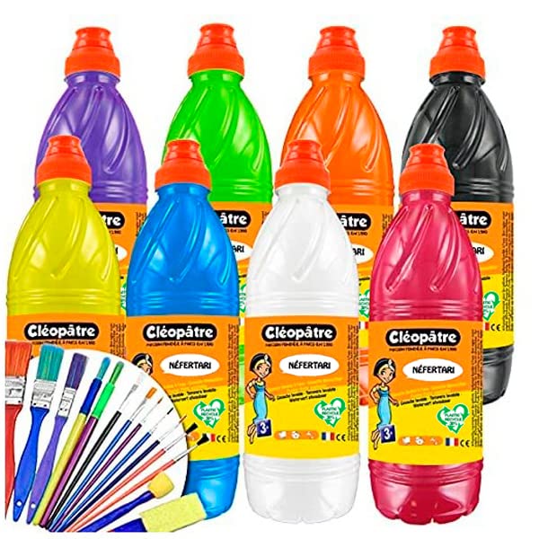 CLEOPATRE PGBB1X8+260161-Lot de 8 flacons de Gouache de 1L + Lot de 25 pinceaux et brosses Ecole, Multi, 15x10x5