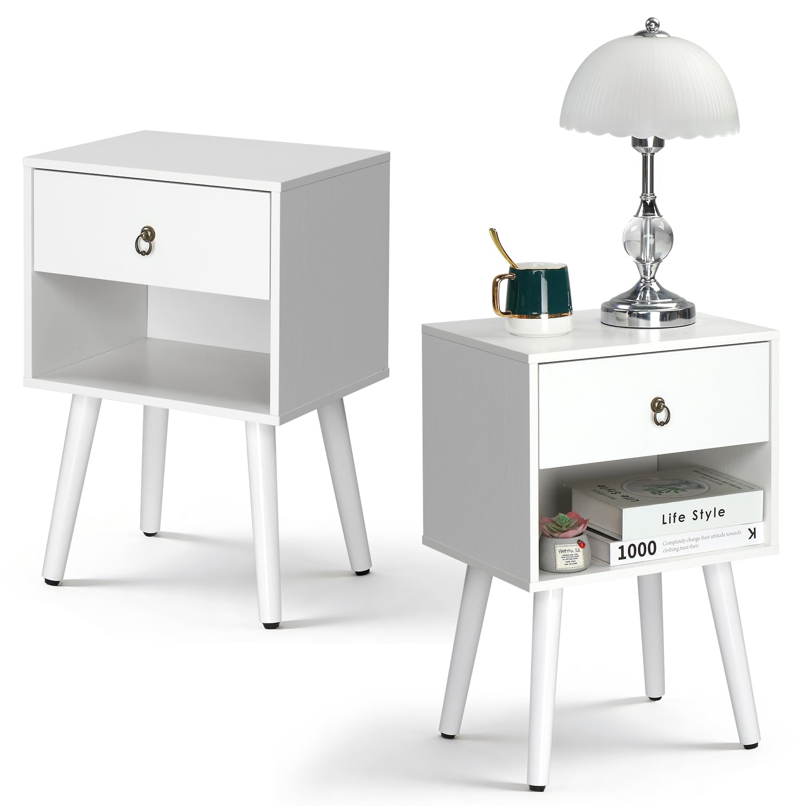 Bonnlo Bedside Table, 1 Drawer & Bottom Open Compartment Bedside Drawers, Nightstand with Ring Pull Handles & Solid Wood Legs, 38×30×55cm Storage Cabinet for Bedroom Living Room (2, White) — image 1