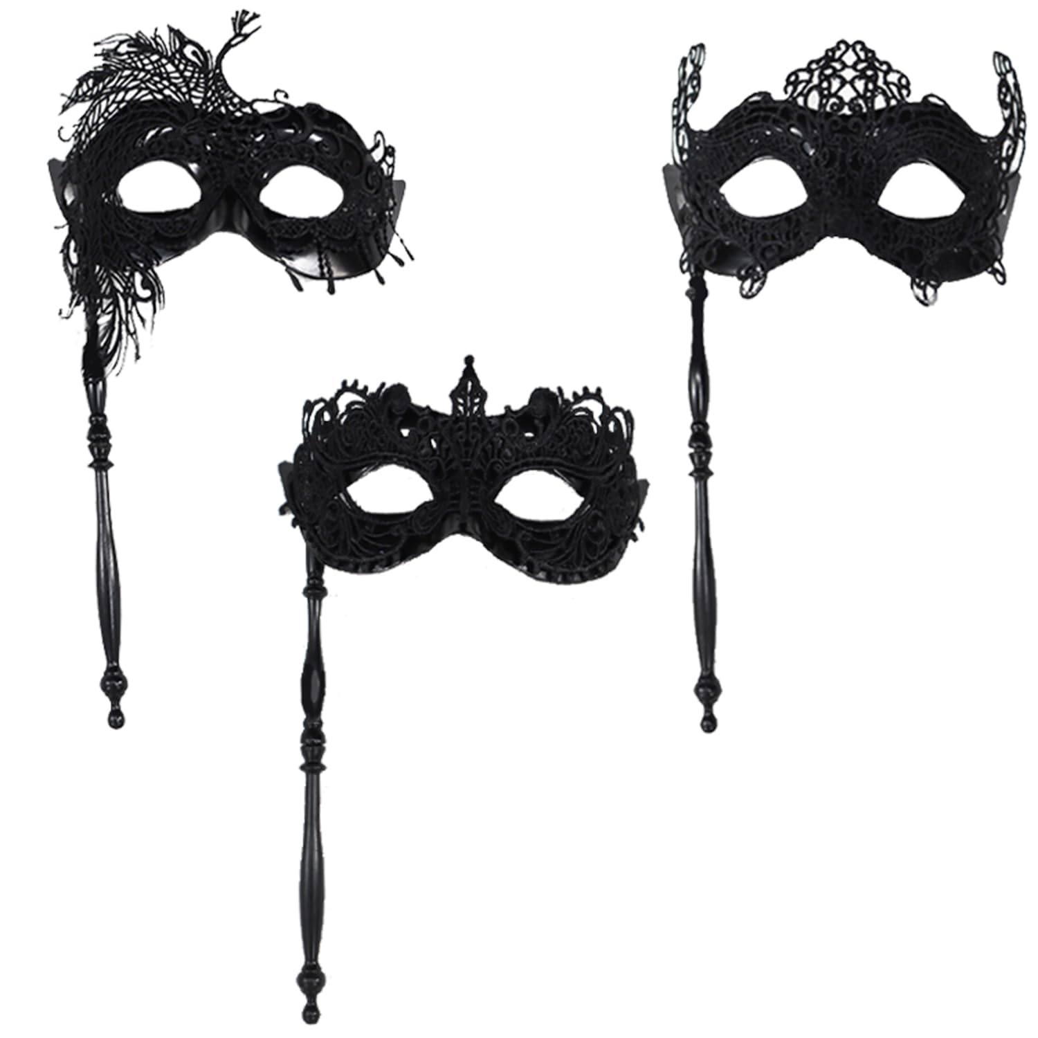 3 Pieces Masquerade Mask with Holding Stick Venetian Women Lace Mask Black Eye Mask Halloween Prom Ball Costume Cosplay Accessories