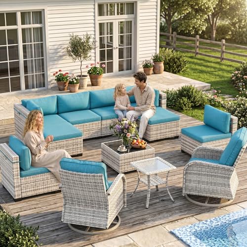 Image of Outdoor PE Wicker Rattan Modular Patio Sectional Sofa Set | 12-Piece: 6 Modular Seats, Coffee Table, 2 Swivel Rocking Chairs, Side Table & 2 Ottomans, Lake Blue