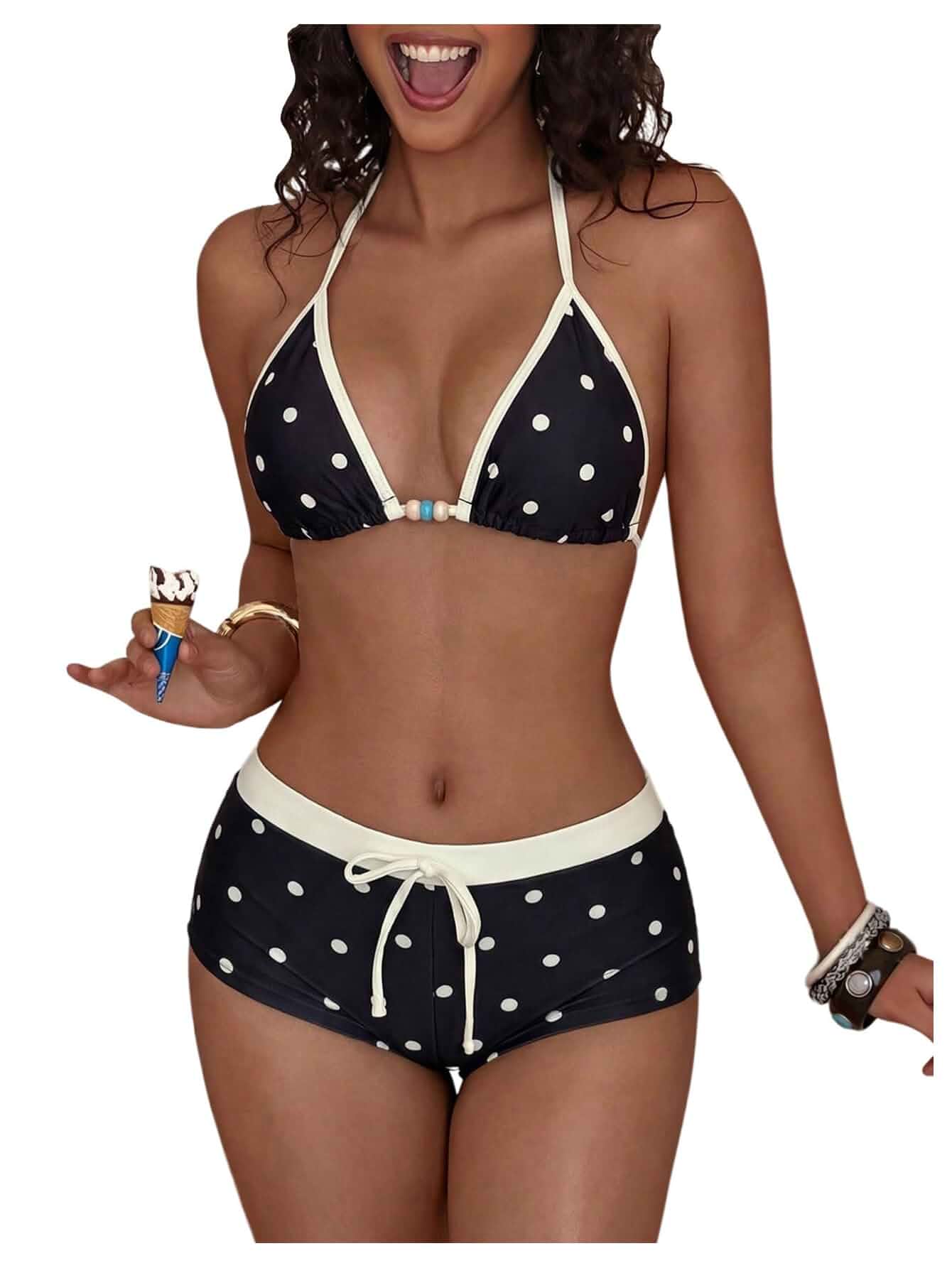 WDIRARA Women's Polka Dots 2 Piece Boyshorts Bikini Set Halter Y2K Swimsuit Graphic Print,Triangle,Boyshort,Cute Bikinis,Boy Short,Bowknot,Colorblock,Bathing Suit
