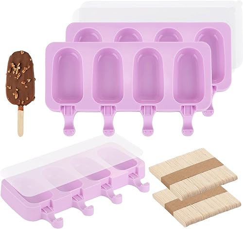 Miniatura 8 de Juego de 3 moldes para paletas con tapas y 100 palitos de paletas de madera, tamaño estándar, 4 cavidades, moldes de silicona para hacer cakesicles