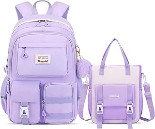 Amythe School Backpack Girls 2 Pieces, 29 Litre Backpack School Teenager, School Bag for Girls 3rd 5th to 7th Grade, School Bag Set with Shopping Bag, 47 cm, purple, M, Rucksack Backpacks