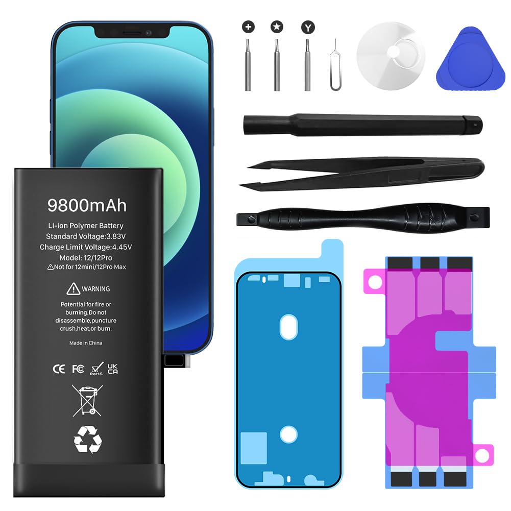 Akku für iPhone 12/12 Pro, 9800mAh Neues Upgrade Hochkapazitäts ErsatzAkku für iPhone 12/12 Pro, A2172, A2402, A2403, A2404,A2341, A2406, A2408, A2407 mit Reparatur-Werkzeug-Kit