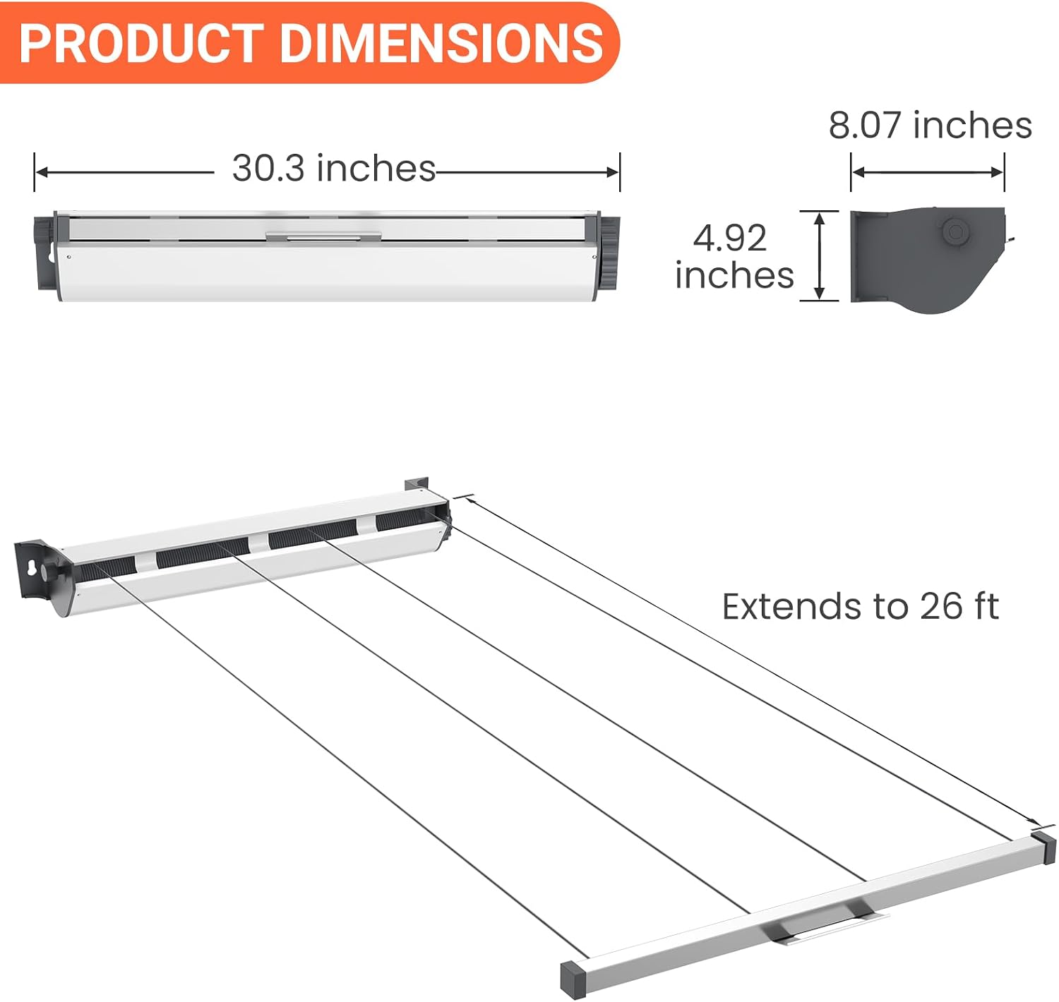 4-Line Retractable Clothesline 4 x 26ft Wall-Mounted Outdoor Indoor Dryer