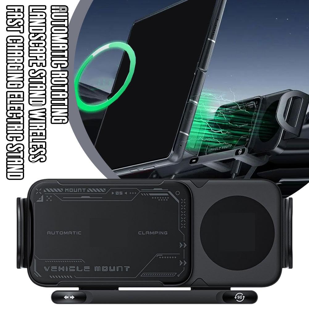 Support Téléphone Voiture 2 En 1 - Chargeur Sans Fil 15W + Support Magnétique Rotatif Auto - Pour Téléphones Pliables Et Tablettes