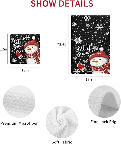 Miniatura 7 de Juego de 2 toallas de cocina de tejido de punto gofre de algodón, muñeco de nieve con muñeco de nieve rojo, copos de nieve de Navidad, color negro,