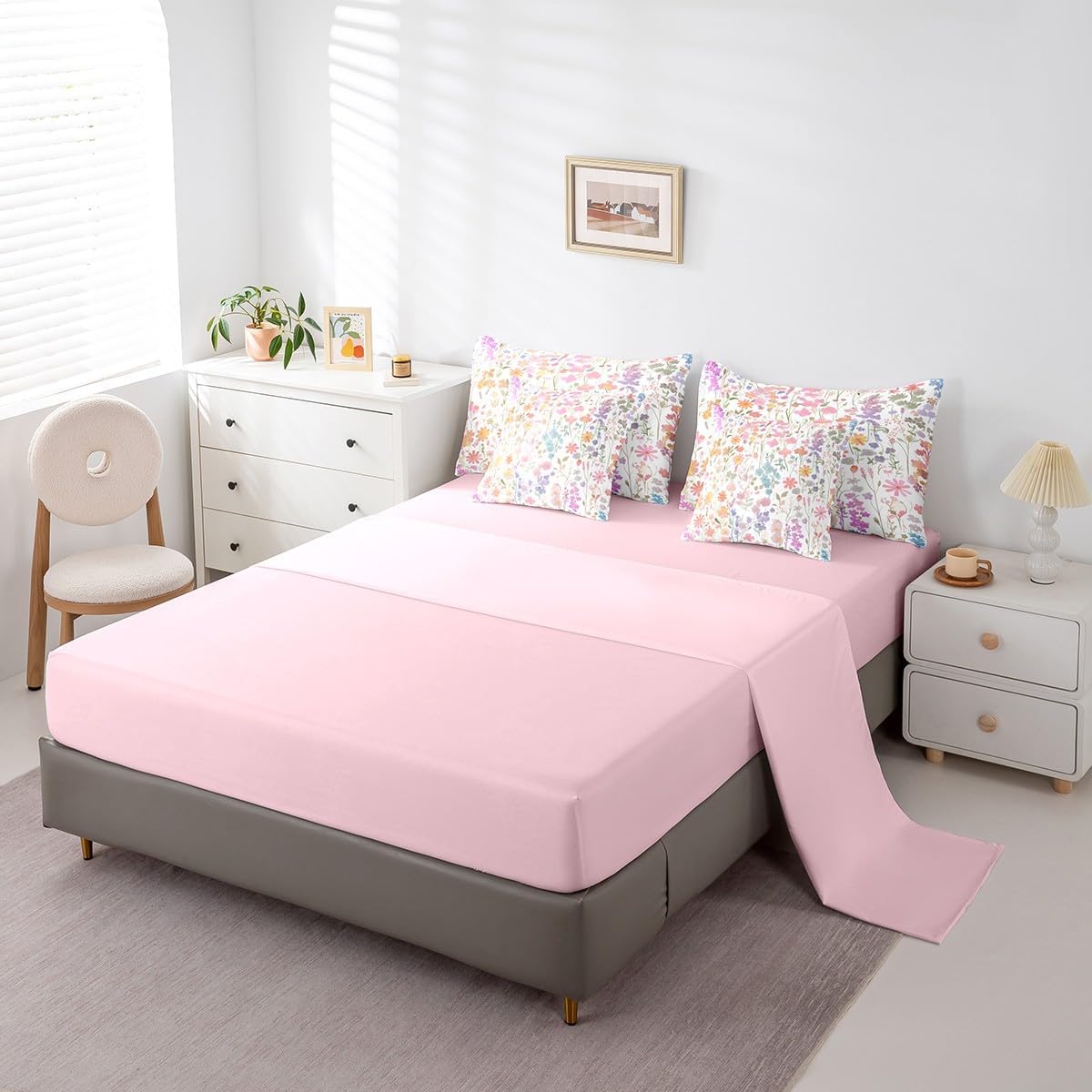 Erosebridal 7 Piece Cute Pink Floral Comforter Set Twin with Sheets,Boho Colorful Flower Bedding Set for Kids Girls Women,Bohemian Wildflower Bed Set Rustic Flowers Bed in a Bag with Pillowcases