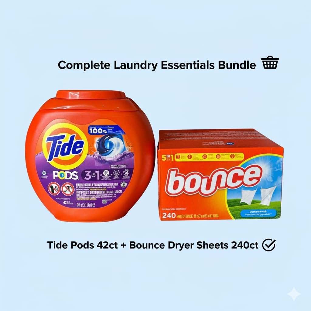 Tide Pods Spring Meadow 42ct + Bounce Outdoor Fresh 240ct Bundle | Laundry Detergent Pacs & Dryer Sheets Combo | Convenient Household Essentials Pack