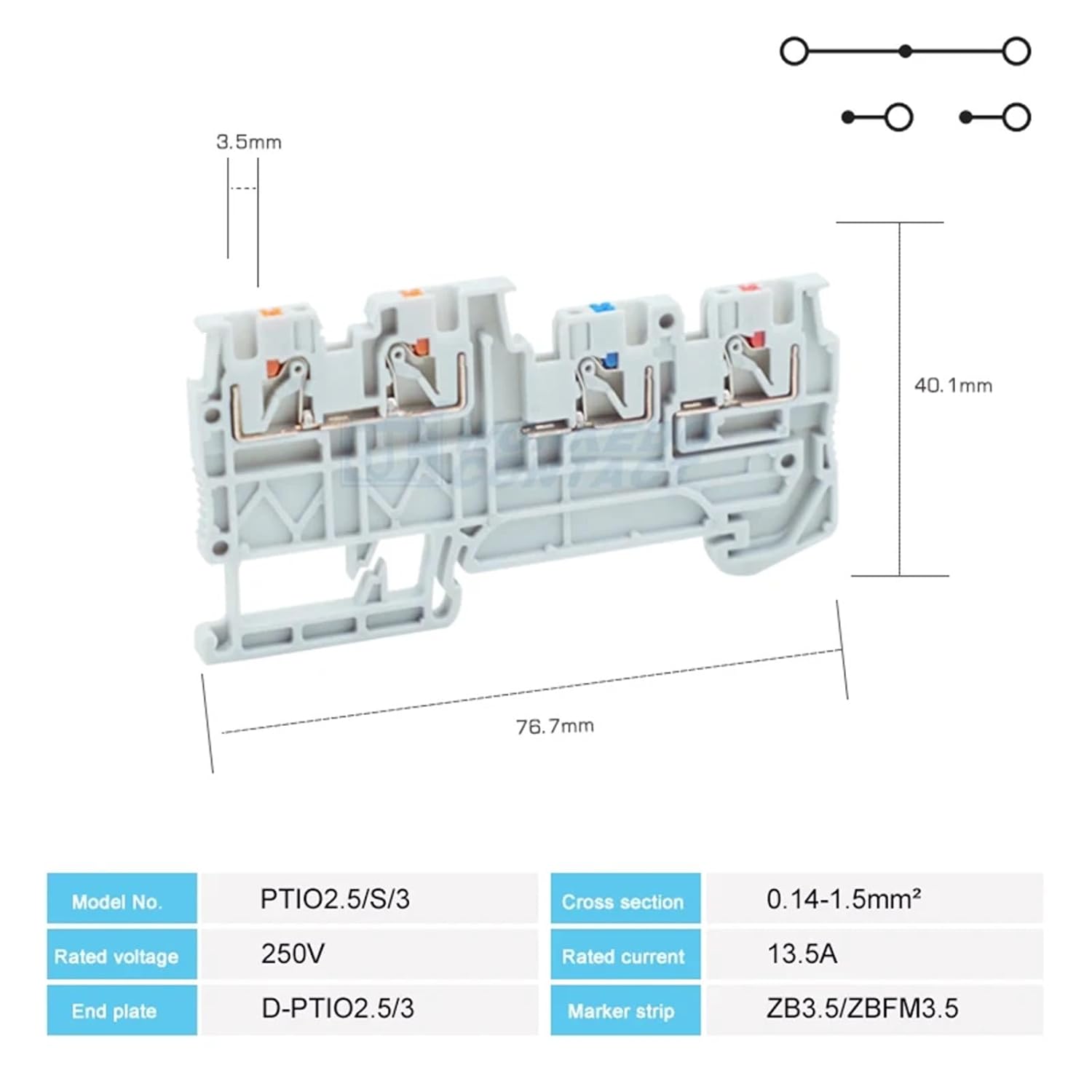 PTIO1.5/S/3 Terminal Block Din Rail Mounted 1.5mm² Cable Electric Wire Connector 3/4 Conductor 1Pcs(PTIO1.5-S-3,1 Pc)