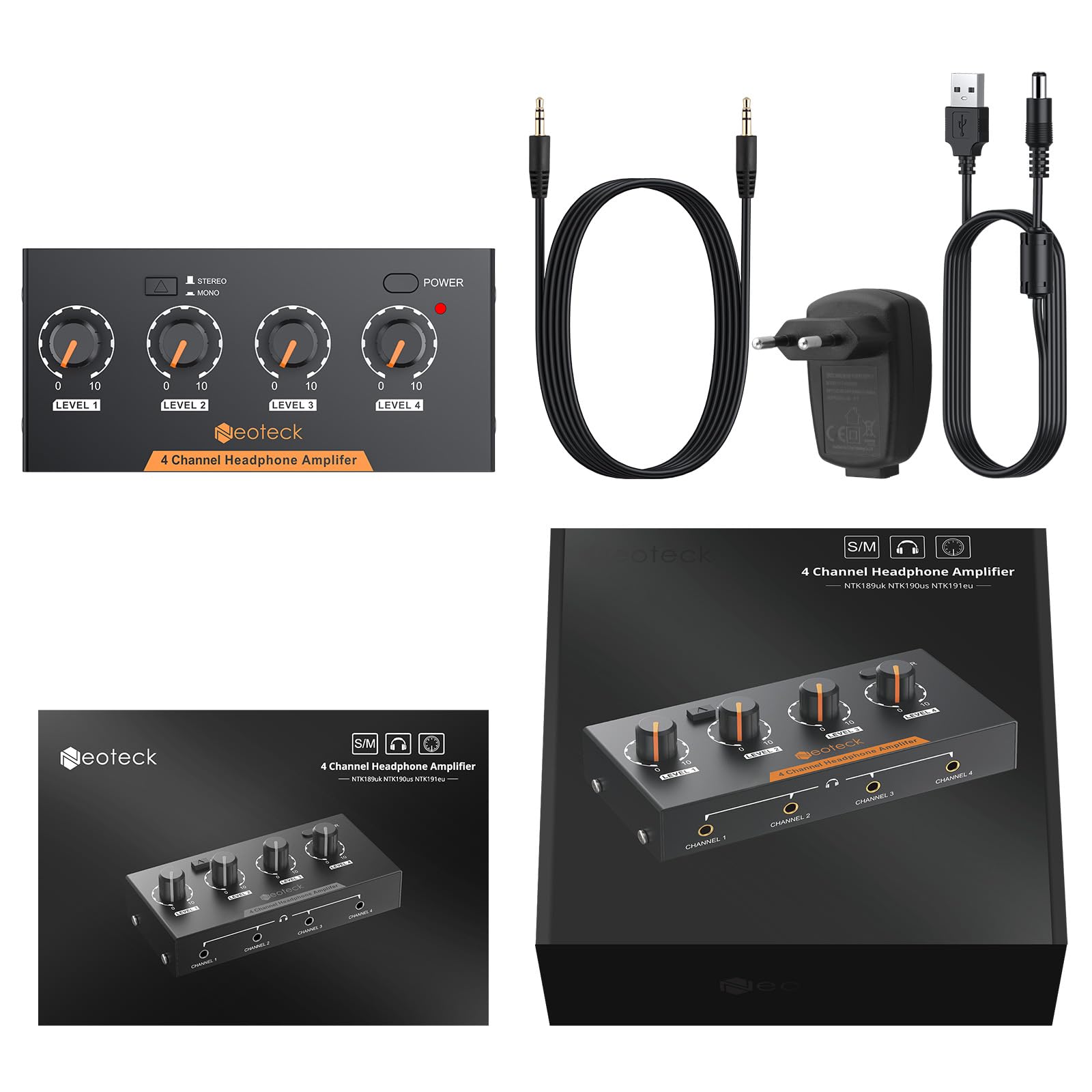 Neoteck Amplificadores para Auriculares 4 Canales Amplificador de Auriculares Estéreo con Control de Volumen y 3,5mm Cable de Audio Amplificador Estéreo de Metal para Grabaciones Mezclas