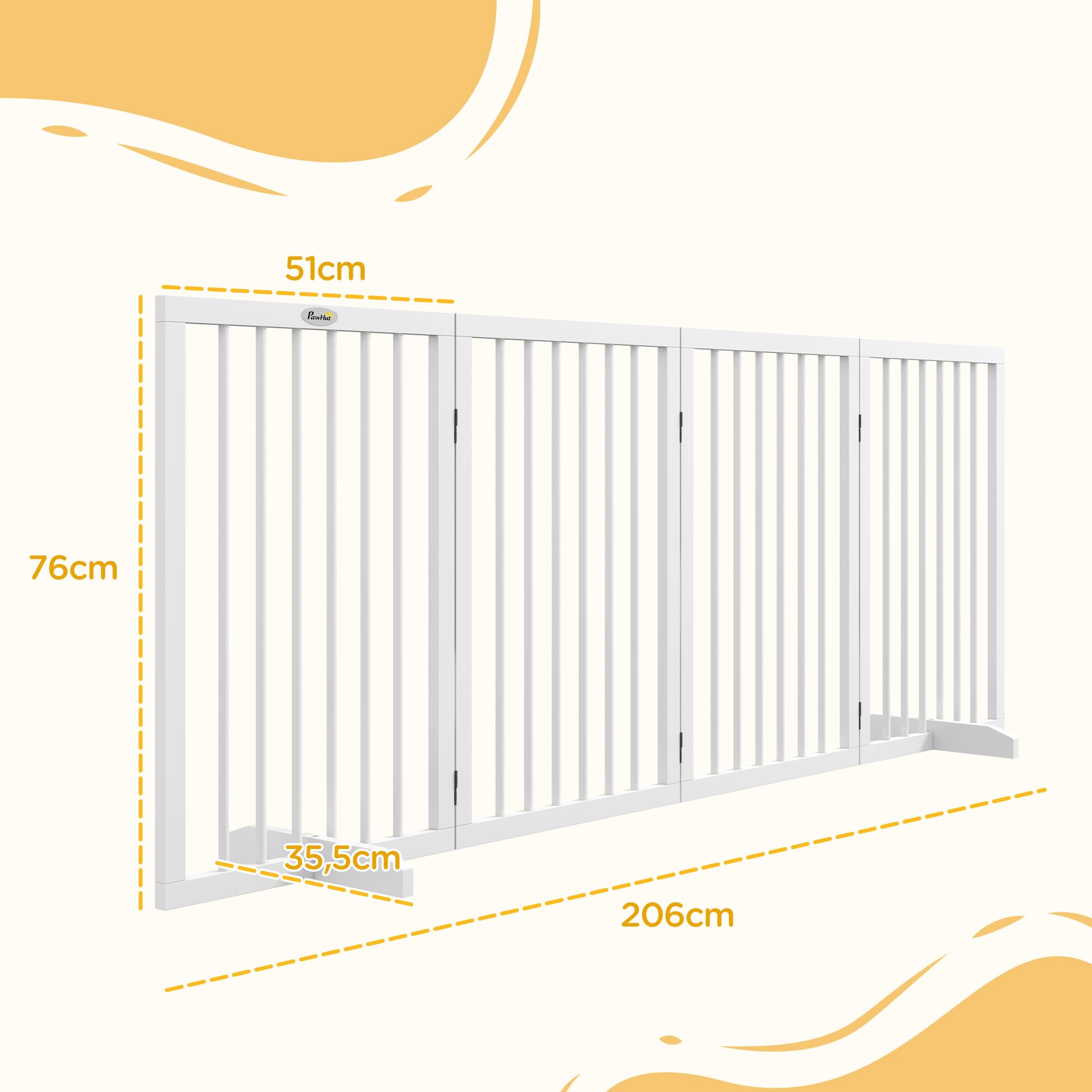 PawHut - Barrera de seguridad para perros (4 paneles, 206 x 35,5 x 76 cm), color blanco | Barrera de Protección Modular Plegable, Barrera para Animales de Madera, Pies de Soporte