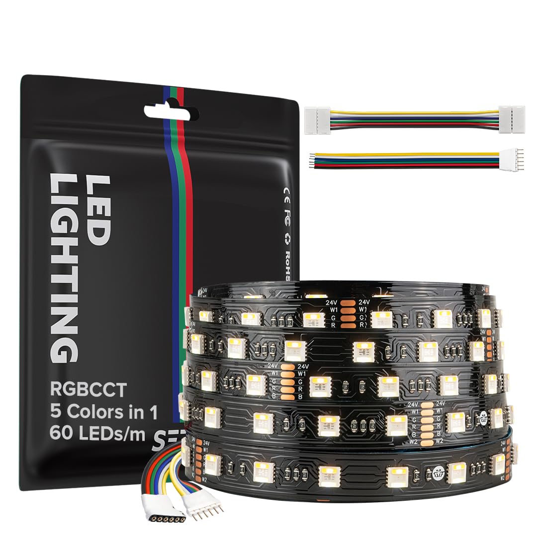 SEZO 5050 RGBCCT striscia LED 5 in 1 RGB + bianco caldo 3000K-6000K 24V 5M 60LEDs/m IP30 non impermeabile RGBW RGBWW Super luminoso LED Band per l'illuminazione di casa e in camera da letto