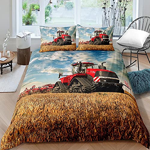 kldby Housse de Couette 140x200 cm, 3D Tracteur Imprimée Ensemble de Literie en Microfibre avec Housse de Couette 1 Personne + 1 Taie d'oreiller 65 x 65 cm Cover