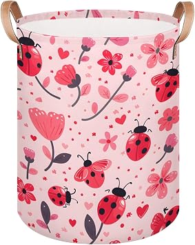 Ladybugs Flower Pink Laundry Basket Collapsible Dirty Clothes Laundry Hamper Canvas Waterproof Storage Baskets Baby Toys Organizer Bin Kids Nursery Hamper for Bathroom Bedroom