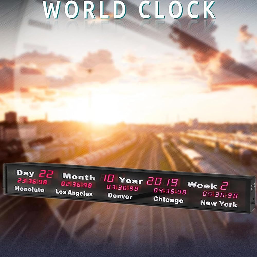Reloj mundial digital – Reloj de pared para múltiples zonas horarias con control remoto y brillo ajustable para hoteles y negocios