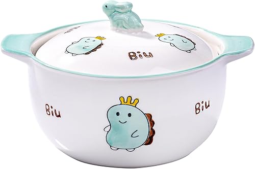 Whitenesser Tazón de sopa de cerámica para microondas con tapa y asas, lindo cuenco de cereales de gato de dibujos animados para sopa de fideos