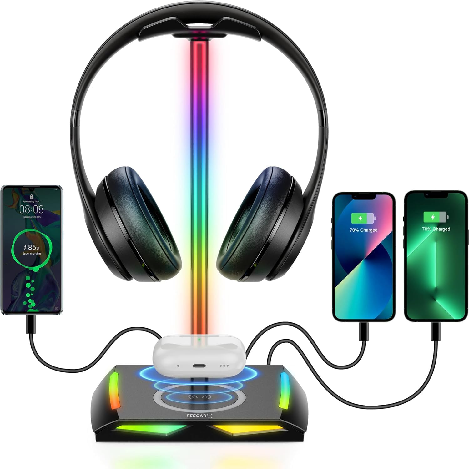 Feegar Hold RGB Kopfhörer Ständer mit Wireless Ladegerät,Gaming-Headset-ständer Headset Halterung Wireless Charge Kopfhörer Halter mit 1*USB 2*Typ-C 11 Lighting Effects Modes