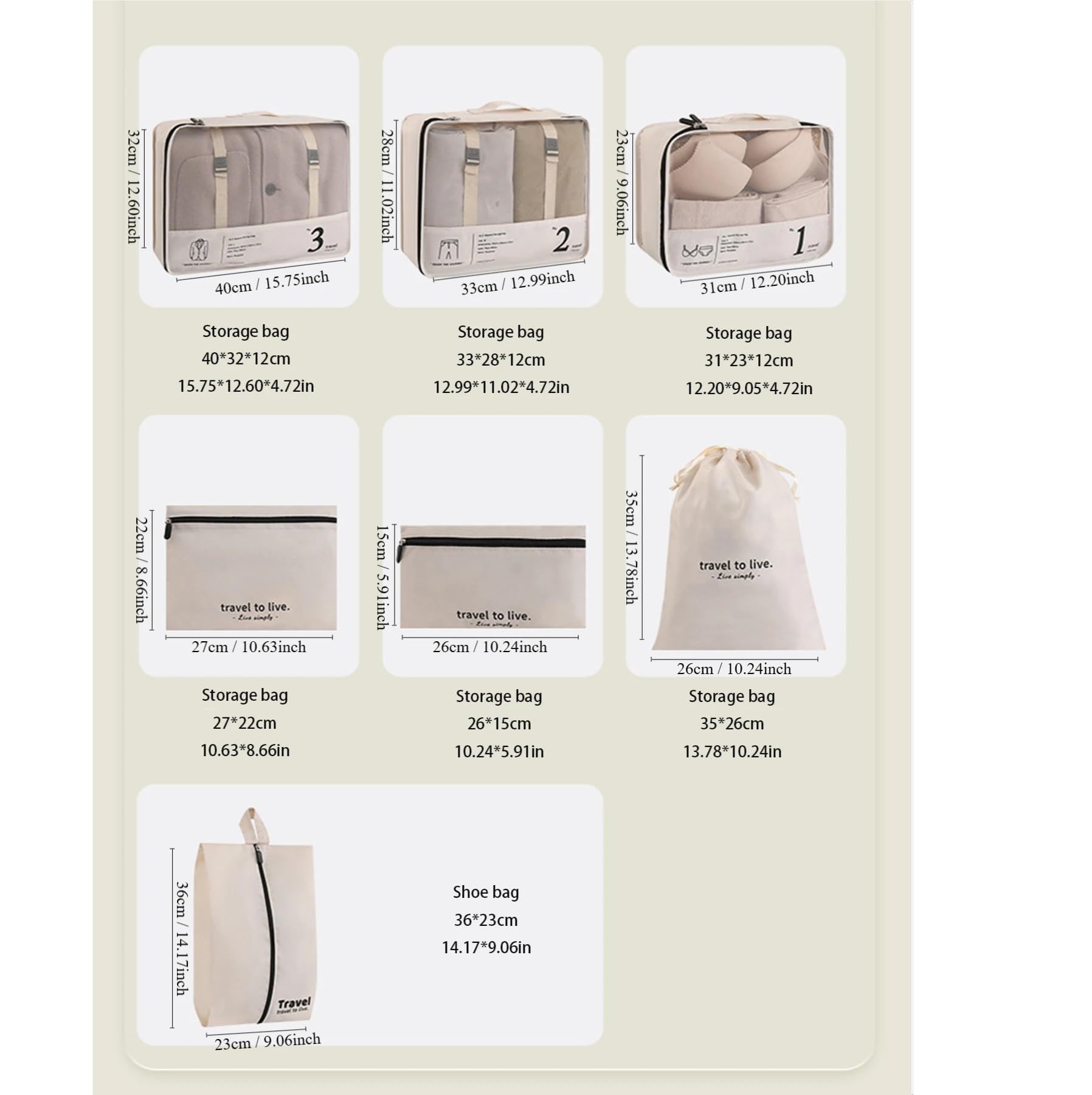 7piece Travel Storage Bag Thickened Suitcase Clothing Classification para Ropa, Ropa Interior(Beige)
