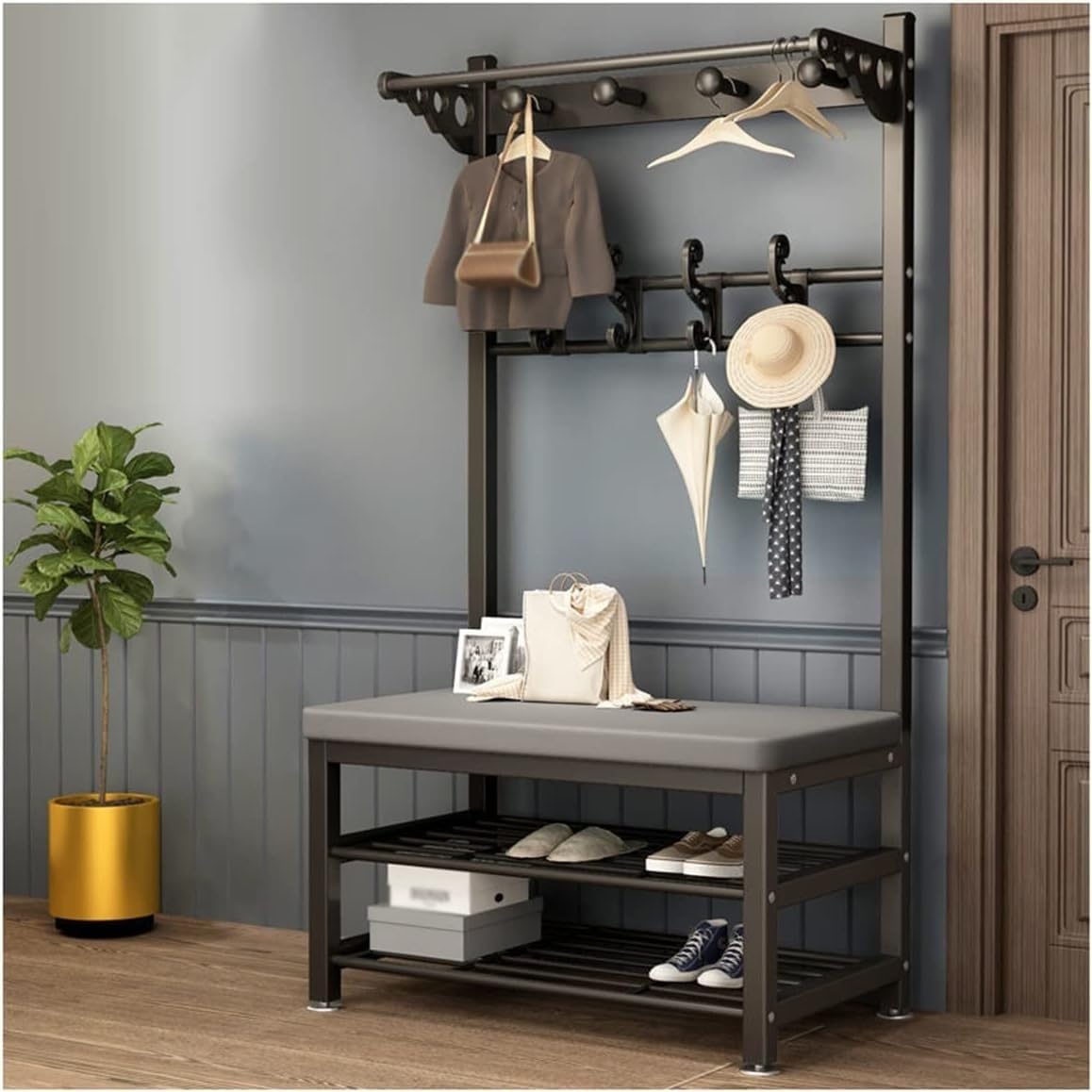 MYUYEE Large Coat Rack With Shoe Rack, Clothes Rack With Metal Frame And Hooks, Coat Rack With Double Hooks And Bench, For Cloakrooms, Bedrooms, Hallways B, 100 * 33 * 172Cm(A-100 * 33 * 172Cm)