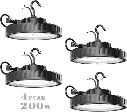 UFO Led High Bay Light 200W 4Pack 30000LM (Eqv.800W MHHPS) High Bay LED Shop Lights 5000K 0-10V Dimmable High Bay Light for Warehouse Workshop