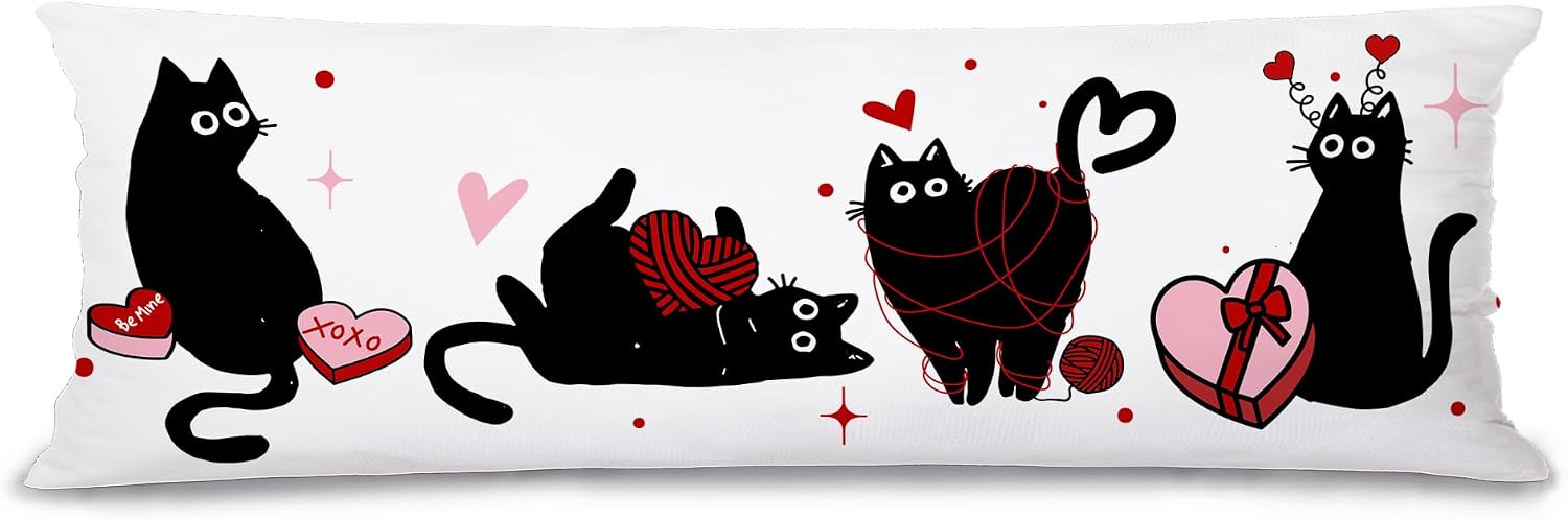 Valentine's Day Black Cat 20x54 Body Pillow Cover Case, Valentine's Day Cat Lovers Mom Lady Gifts, Valentines Love Heart Black Kitty Decorative Long Hug Pillow Cases for Adults Kids