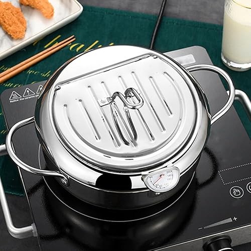 Miniatura 8 de Olla para freidora, estilo japonés, Tempura, sartén con termómetro, tapa, escurridor de aceite para papas fritas, pescado, camarones, alas de pollo,