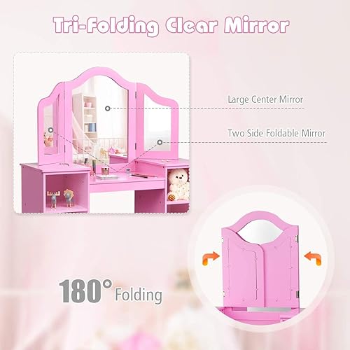 Miniatura 4 de MAT EXPERT Juego de mesa de tocador para niños con espejo de tres pliegues, cómoda de juego con 4 estantes de almacenamiento, tocador de princesa