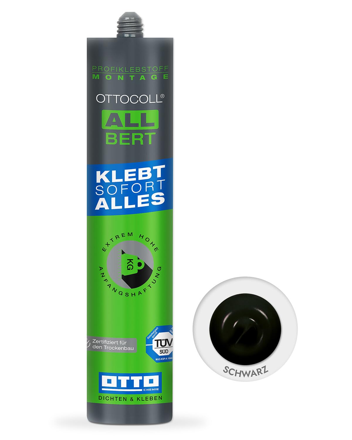 OTTO-COLL ALLBERT 1K - Pegamento híbrido negro de 290 ml, adhesivo universal para madera, metal, vidrio, espejos, hormigón, azulejos, paneles de yeso, 12 unidades