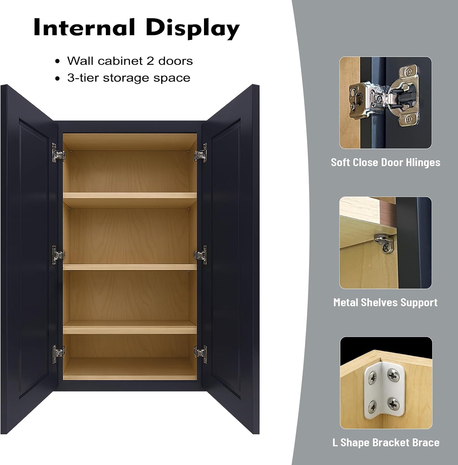 24" Kitchen Wall Cabinet with 2 Complete Door Sets, Includes Solid Shaker Doors & Clear Glass Doors, 2 Soft-Close Hinges, 2 Adjustable Shelves, RTA (Graphite Shaker, 24" W x 42" H x 12" D)
