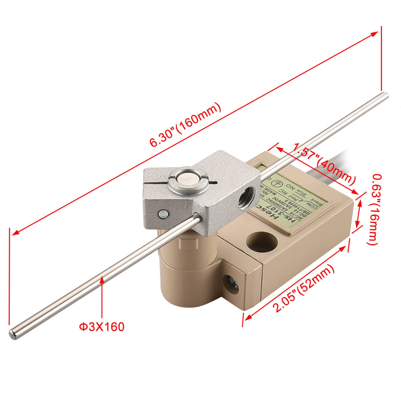 Heschen Interruptor de límite compacto precableado, HS-3107, palanca de varilla ajustable, 1NO 1NC, SPDT, tipo momentáneo, AC250V 5A, IP67 impermeable