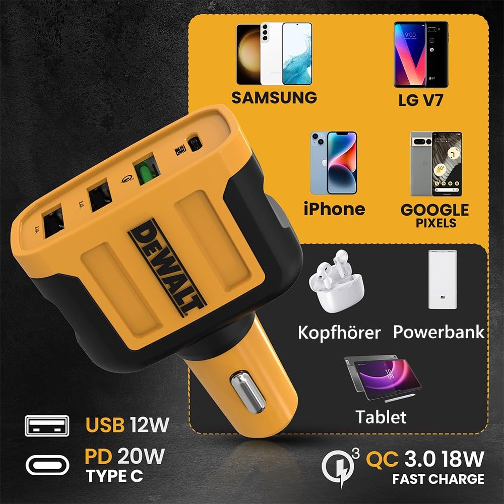DEWALT USB-C-Autoladegerät, 60 W 4-Port-Schnellladegerät-Adapter, Pd-Typ-C-Autoladegerät kompatibel mit iPhone 16/15/Samsung, USB-Ladegerät für den Zigarettenanzünder