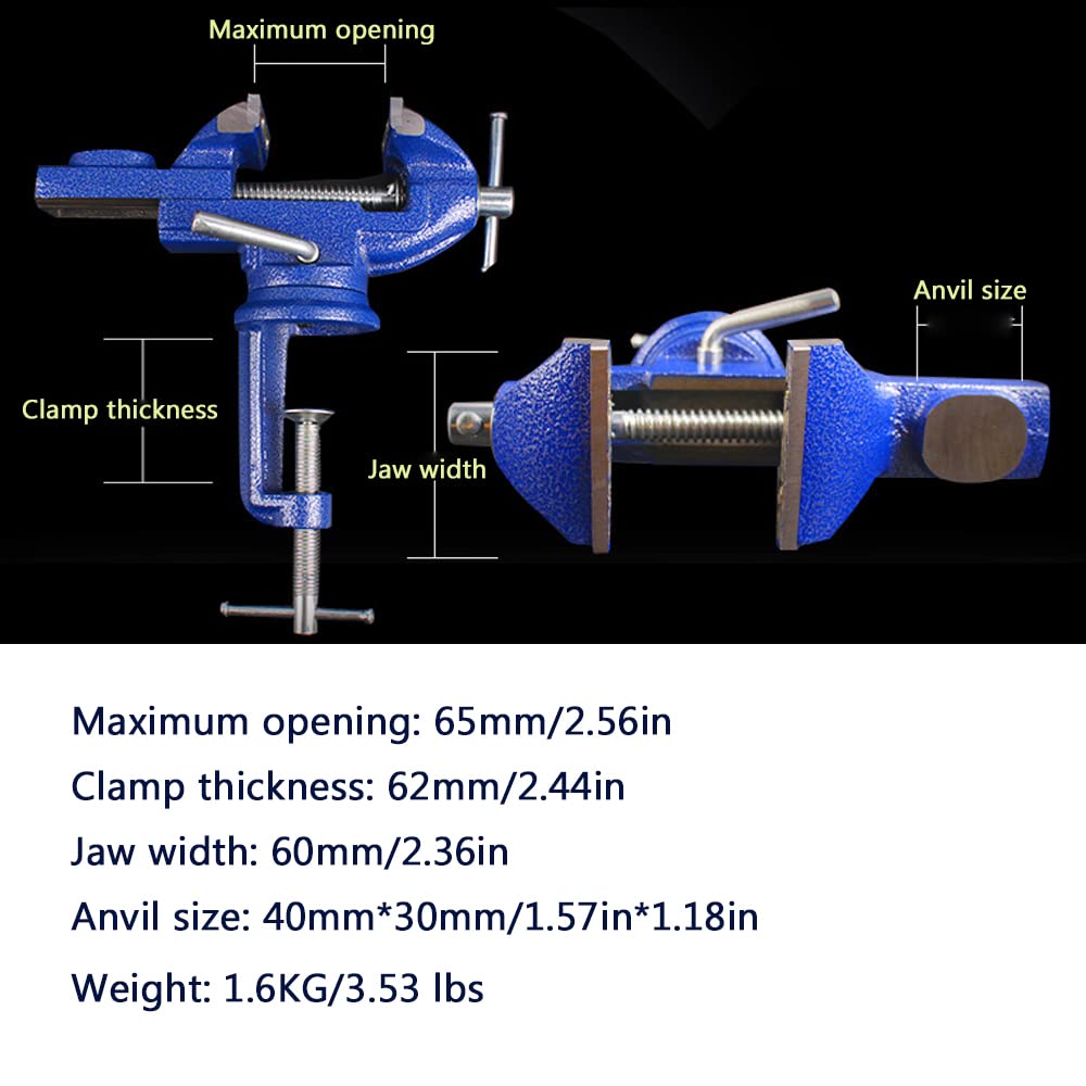 Mini tornillo de banco versátil, tornillo de base giratoria de 360 ° tornillo plano de carpintería 60mm para carpintería, conductos de corte, perforación, metalurgia - azul