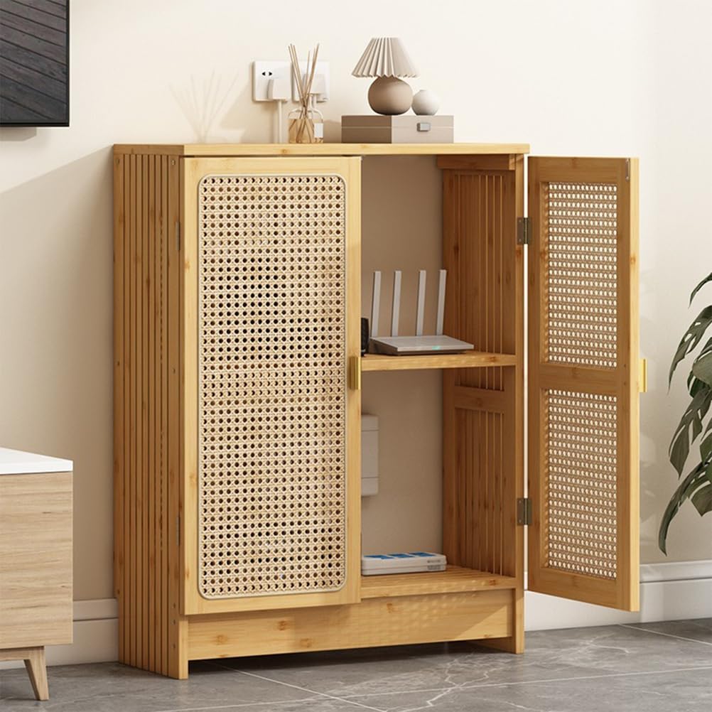MESCXTY Bamboo WiFi Router Storage Cabinet with Adjustable Shelves Freestanding Modem Hider Organizer 2 Doors Hidden Box for Bedroom Living Room,31.5 * 23.6 9.8in