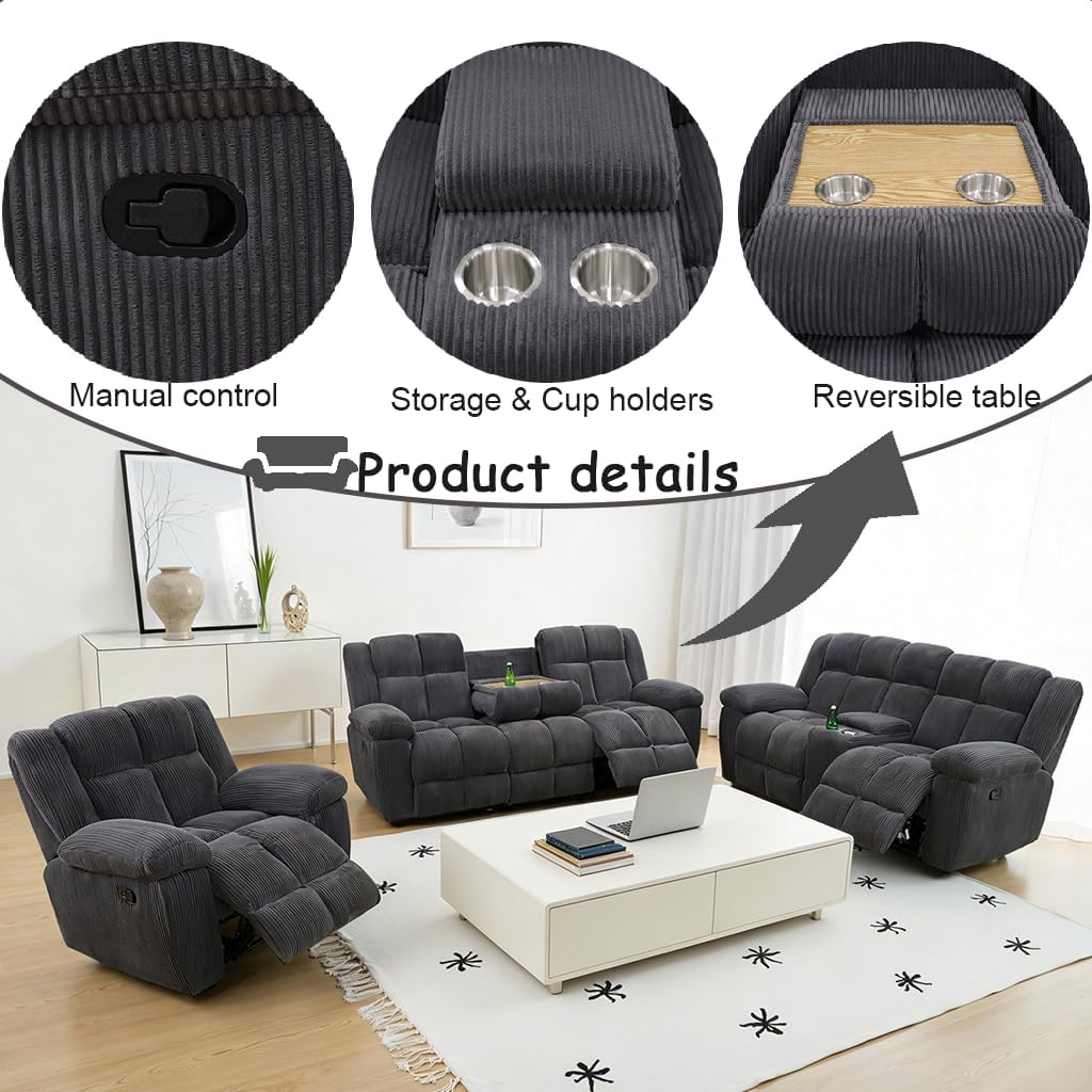 Manual Recliner Sofa Set,Fabric Reclining Couch Set,Modern Living Room Furniture Set,Reclining Sofa Couch Chair for Living Room Home Office (Dark Grey Upgraded Version, Sofa+Loveseat)