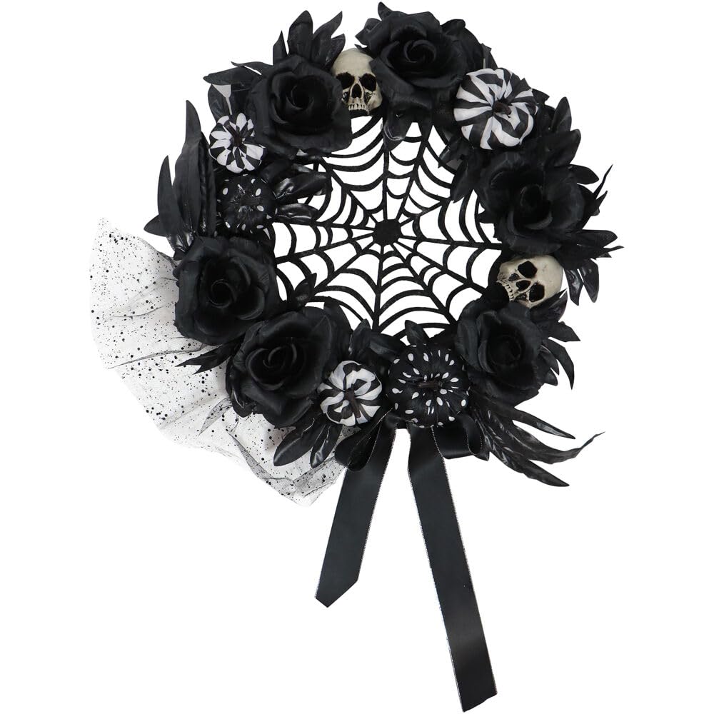 Haunted Hill Farm 15-in. Halloween Black and White Floral Wreath with Harlequin Pumpkins, Dungeon Skulls, and Spiderweb Center for Indoor or Covered Outdoor Scary Haunted House Hanging Decoration
