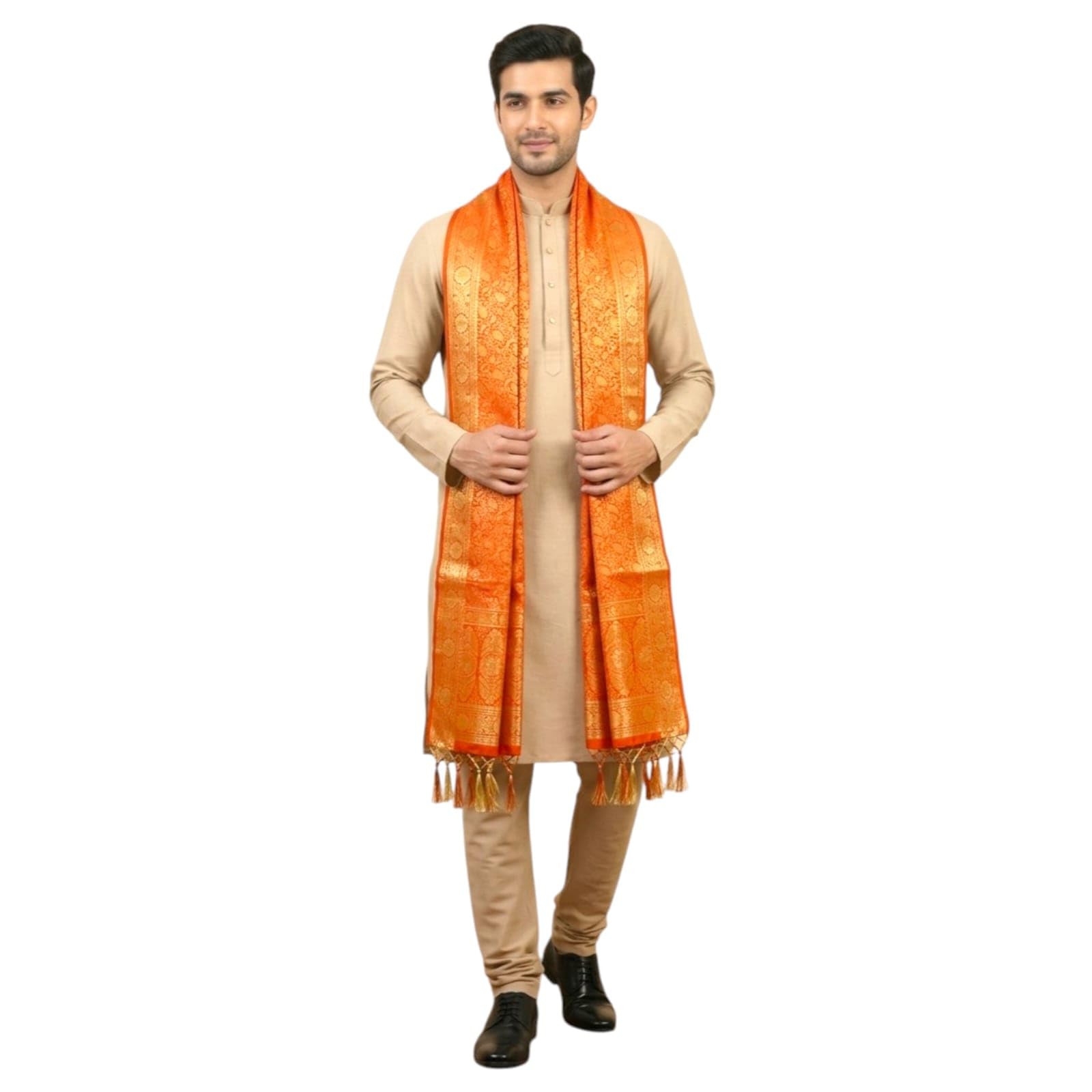 Men's Silk Dupatta Orange with Gold Zari Work and Tassels-picture-22