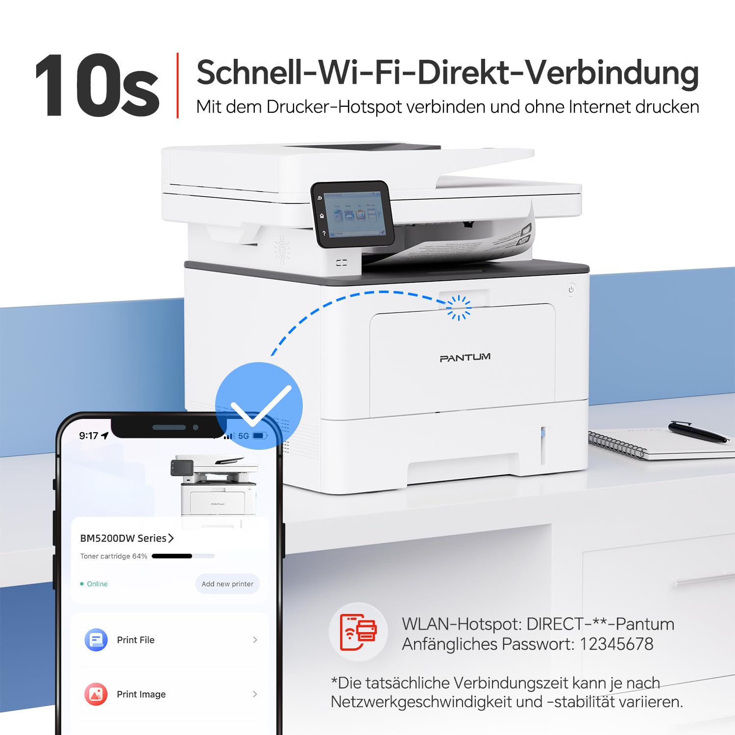 PANTUM BM5220ADW Laserdrucker multifunktionsgerät mit Scanner und kopierer, Schwarz-Weiß, 42 ppm, Automatischer Duplexdruck, Drucker WLAN, A4, Inklusive 3000-Seiten-Starter-Toner