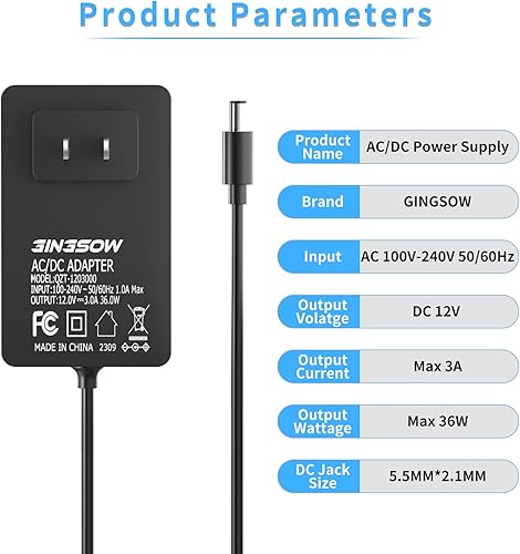 Miniatura 4 de GINGSOW Adaptador de fuente de alimentación de 12V 6A, CA 100-240V a CC 12V controlador LED Max 72W 5.5MM x 2.1MM DC Salida Jack con 1.5M de largo