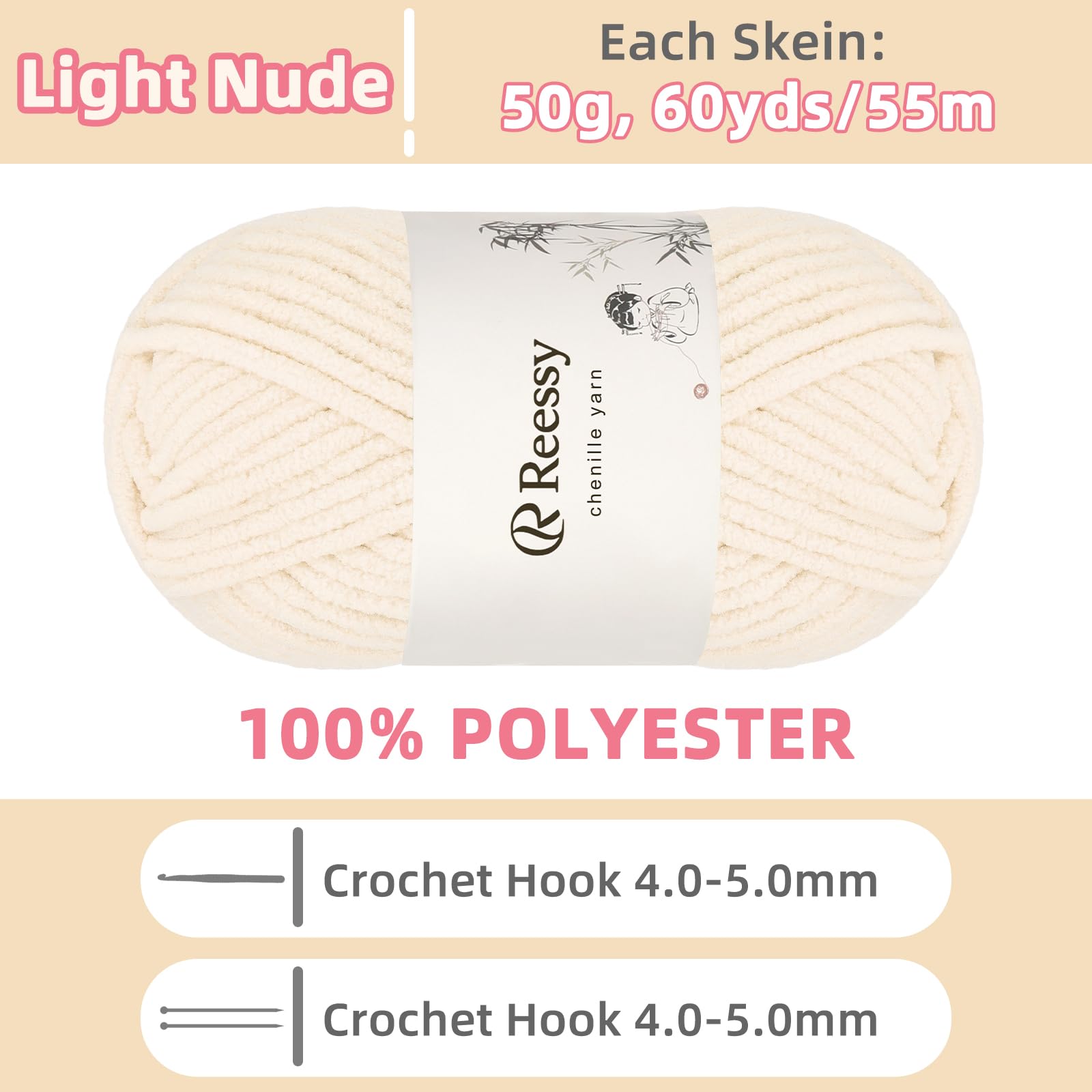 Reessy Chenille Yarn, Soft Chunky Yarn for Crochet, 4 50g Thick Wool Fluffy Wool Perfect for Crochet Baby Blankets, Jumpers, Scarves, Hats(Light Nude) - Image 2