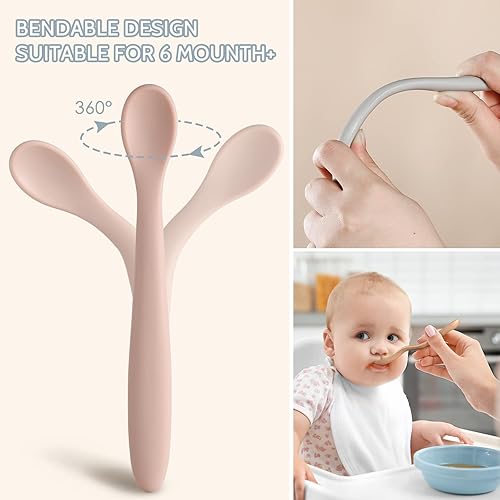 Vista 18 de Cucharas de silicona para bebés de 6 piezas, cucharas para bebés de primera etapa, punta suave, fácil de poner en las encías, cuchara