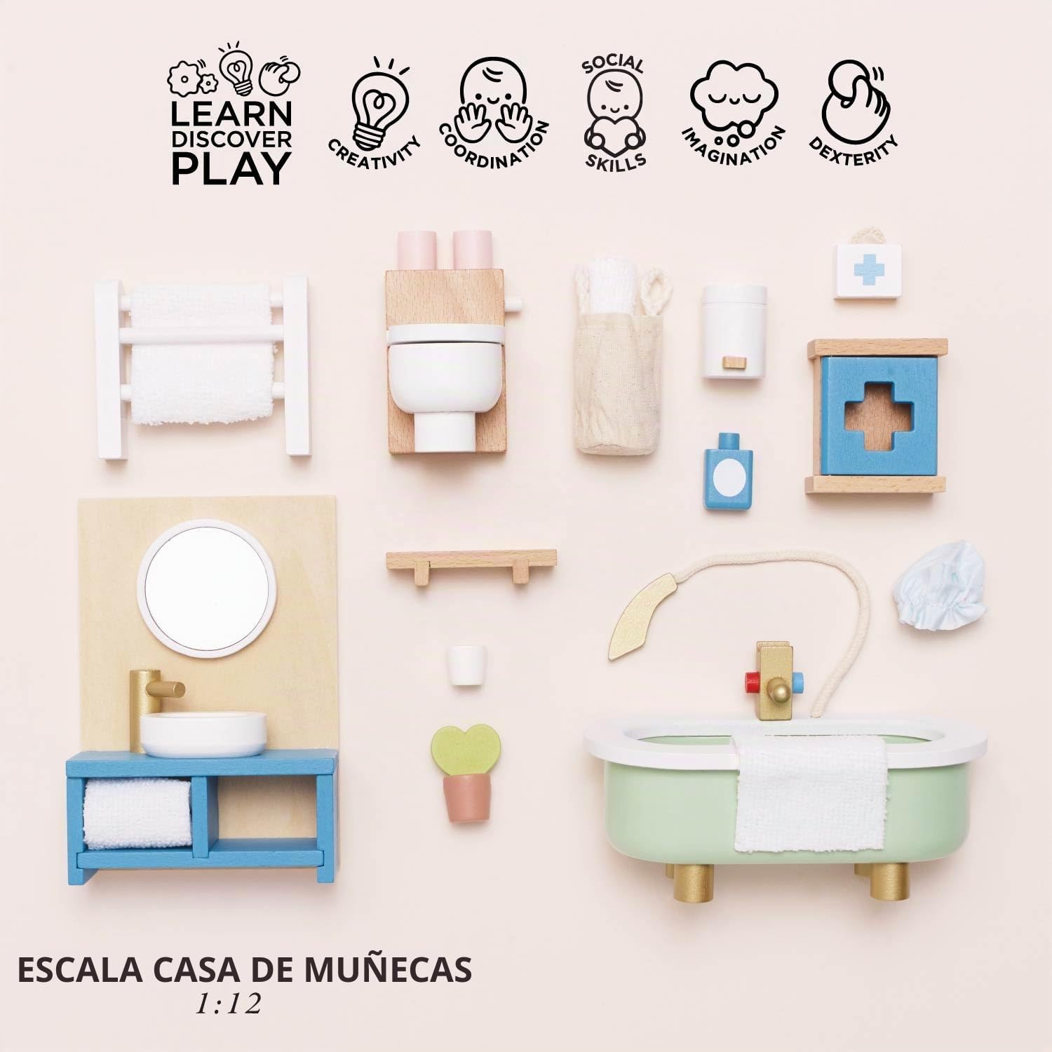 Le Toy Van - ME060 - Baño de casa de muñecas, 3 años, Juguete Educativo, Juego de Muebles de Madera de 19 Piezas, Juguetes ecológicos, Montessori, Incluye Accesorios de baño