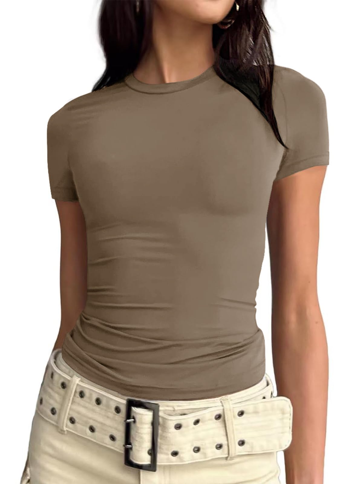 Cuptacc Tshirt Damen Rundhals T-Shirt Eng Damen Basic Y2k Top Einfarbig Shirt Kurzarm