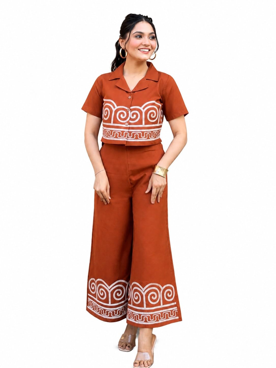 Women's Slub Cotton Crop Top & Palazzo Co-Ord Set | Cuban Collar | Wide Leg Palazzo | Side Pockets | Rust Brown-picture-34